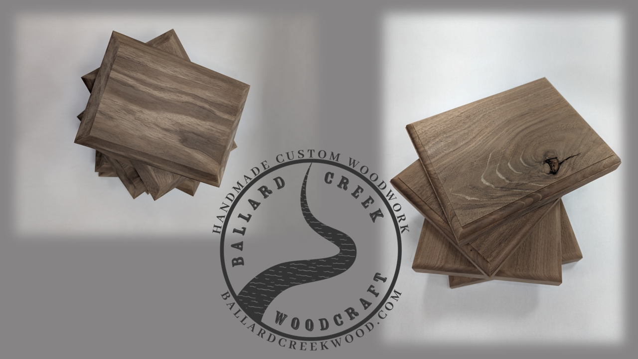 Hardwood trophy bases displayed on white background with logo ballard creek woodraft